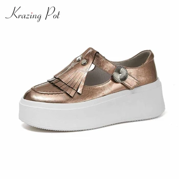 

Krazing Pot 2020 new arrival leisure autumn natural leather fringe thick bottom sneaker round toe high heel vulcanized shoes L28