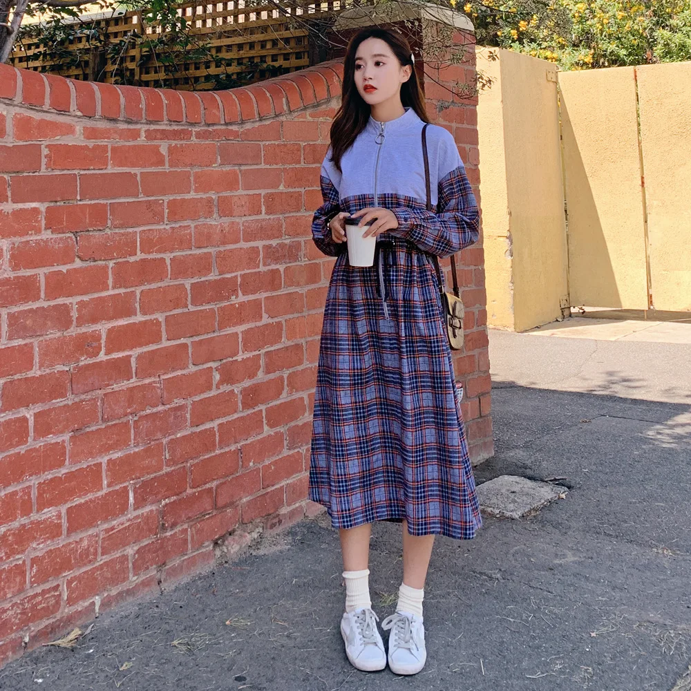 

Photo Shoot 2019 Spring New Style Korean-style WOMEN'S Dress Retro Laziness-Style Waist Hugging Slimming Plaid Stitching Dress