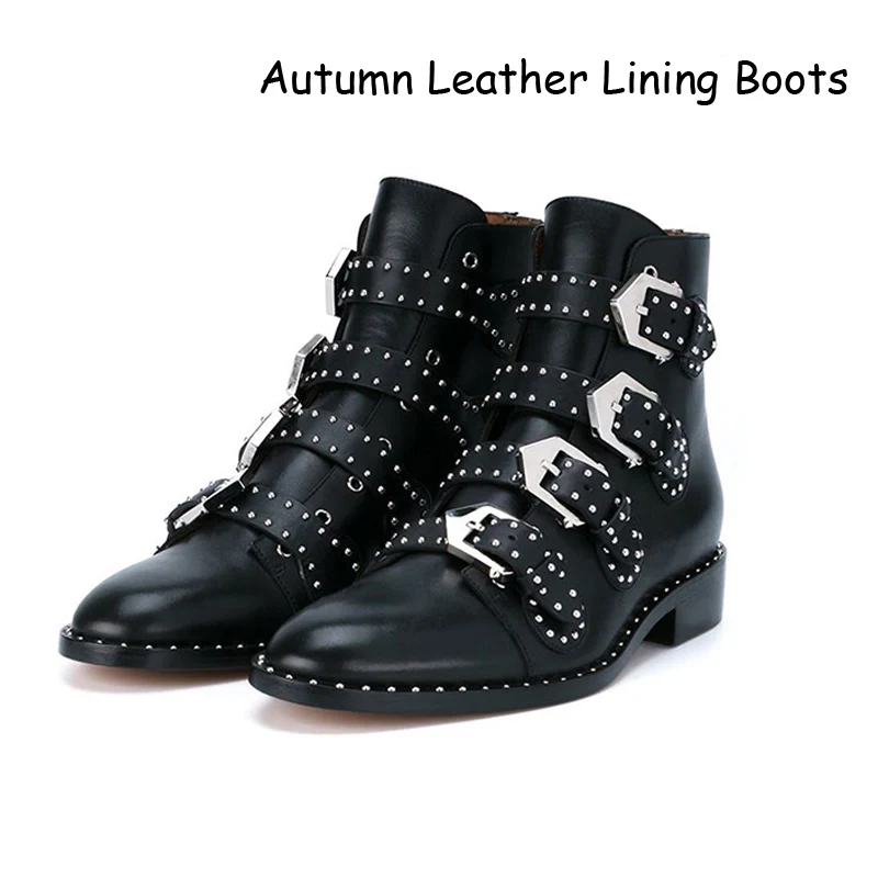 Luxury Brand Silver Buckle Ankle Boots For Women INS Street Style Rivet Women Boots Winter Warm Low Heel Punk Shoes Woman - Цвет: Black Autumn boots