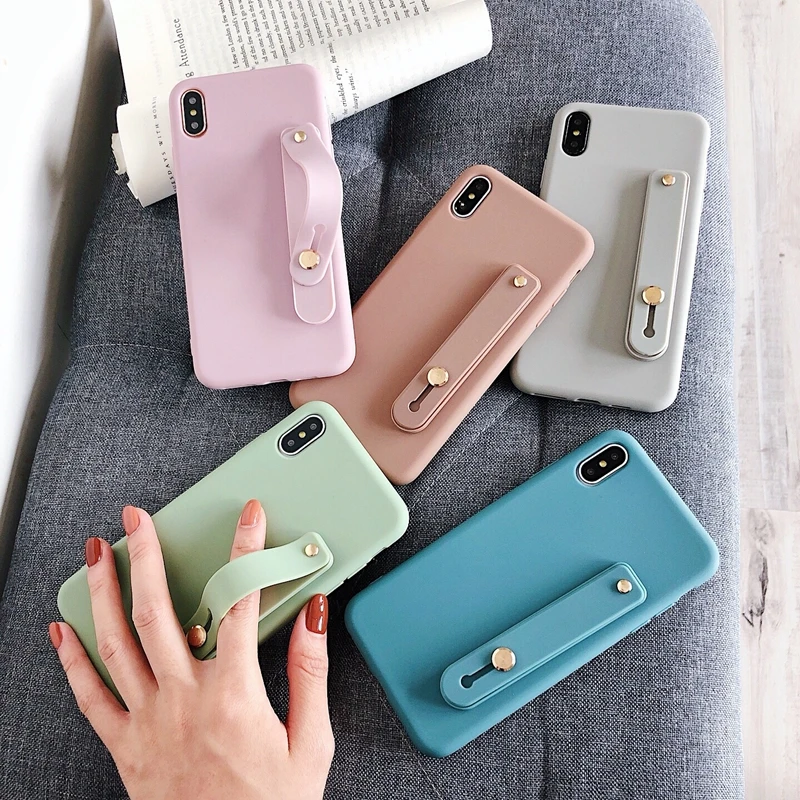 

Wrist strap candy stents case for iphone11Pro Max XR Xs Max 7 8plus 6splus Simple Solid Color Soft Silicone cute Case cover