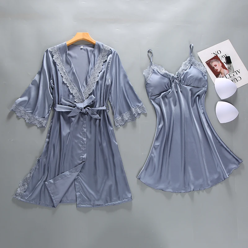 

2 Pieces Women Sexy Silk Satin Robe Gown Set Lace Bathrobe Set Summer Sleepwear Nightwear Set
