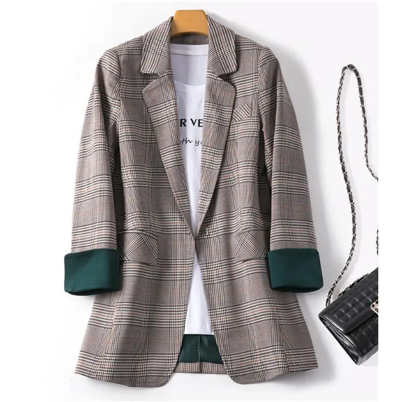 

Vintage Plaid Women Blazer Spring Autumn Suit Jacket Coat Female Retro Casual Office Lady Work Blaser Femme Outerwear Tops 2020