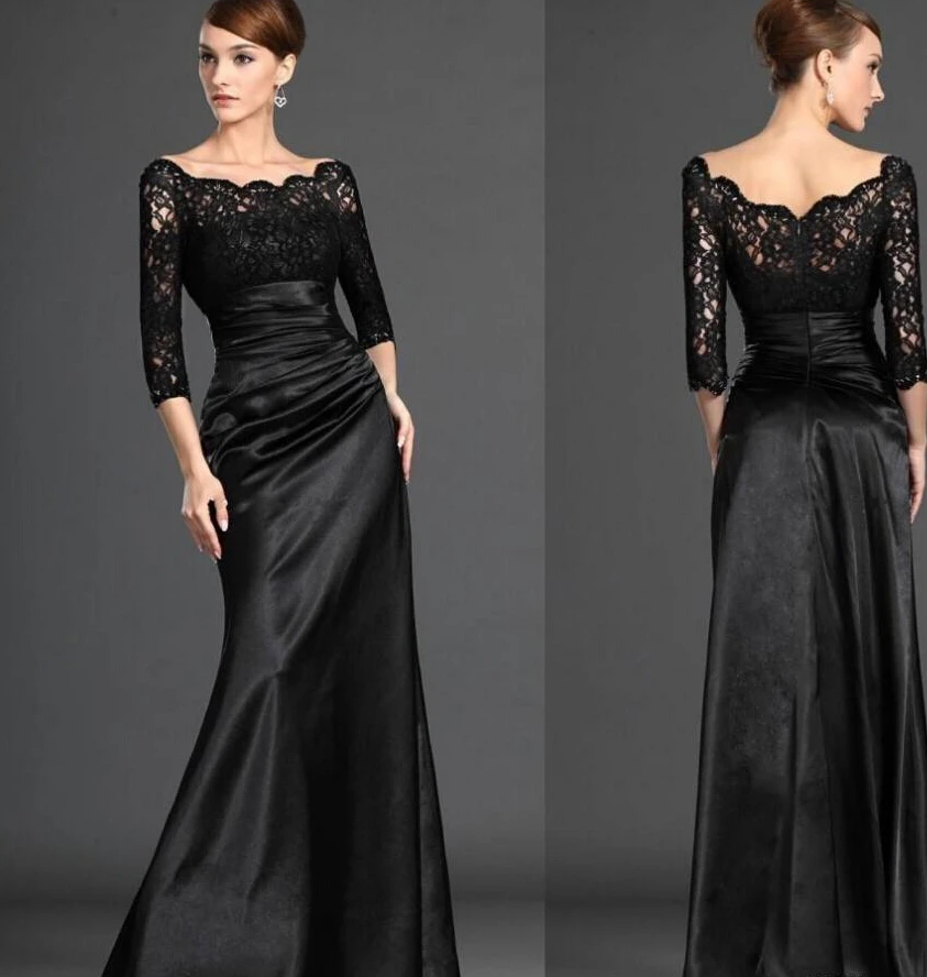 

2016 Summer Black Lace Long Mother Of The Bride Dresses With 3/4 Sleeve A Line Chiffon Floor Length Custom Evening Prom Dress