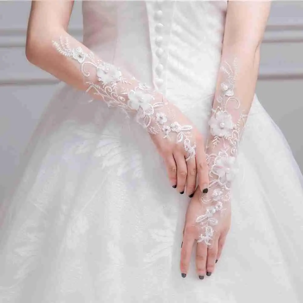 12" Ivory Luxurious Bridal Satin Lace Insert Fingerless Wedding Prom Gloves 