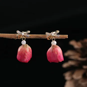 

2020 Exquisite Handmade Freshwater Pearls Earrings Women's Drop Earring with Rose Red Natural Flower Customized Jewelry 28*15mm
