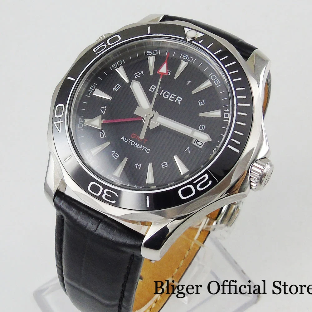 6 моделей BLIGER 41 мм черное окно с датой набора функция GMT сапфировое стекло с автоматическим заводом мужские наручные часы кожаный ремешок керамический ободок