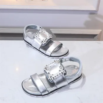 

Genuine Patent Leather Women's Sandals Solid Bling String Bead Women's Shoes New Summer Beach Cool Soft Flat With Sandals
