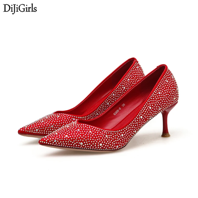 6cm Low Heel Shoes Red Pumps Fashion Rhinestone High Heels Shoes Women Shoes Wedding Bridal Shoes High Heels Zapato Mujer|Women's Pumps| - AliExpress