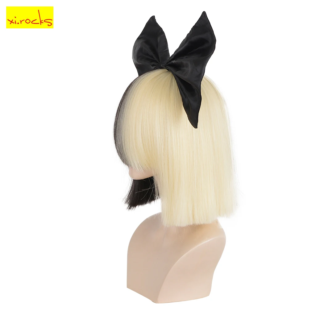 Peruca Cosplay Sintética Ombre Curta com Franja para Mulheres, Cabelo Liso Bob, Perucas Loiras Pretas, SIA, 3494, Xi Rocks, Cabelo Falso