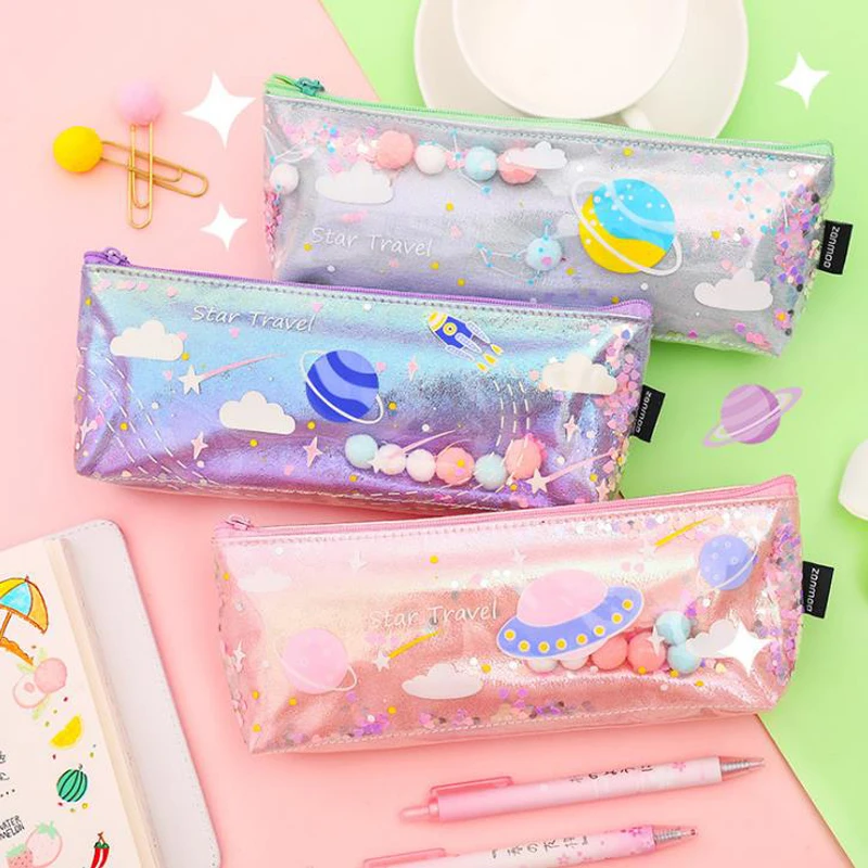 1 шт. пенал с героями мультфильмов лазерные блестки планета Космос Pencilcase большой карандаш сумки Канцелярские Принадлежности для школьников подарки