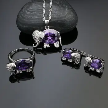 

Cute Elephant Animal Shaped 925 Silver Jewelry Sets For Women Purple Stone White Crystal Earrings Pendant Ring Necklace