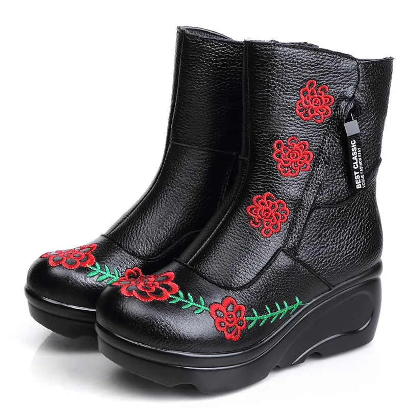 RUSHIMAN New Hand Embroidered National Style women's shoes in leather, thick bottom slope loose pastry bottom cotton shoes 35-40