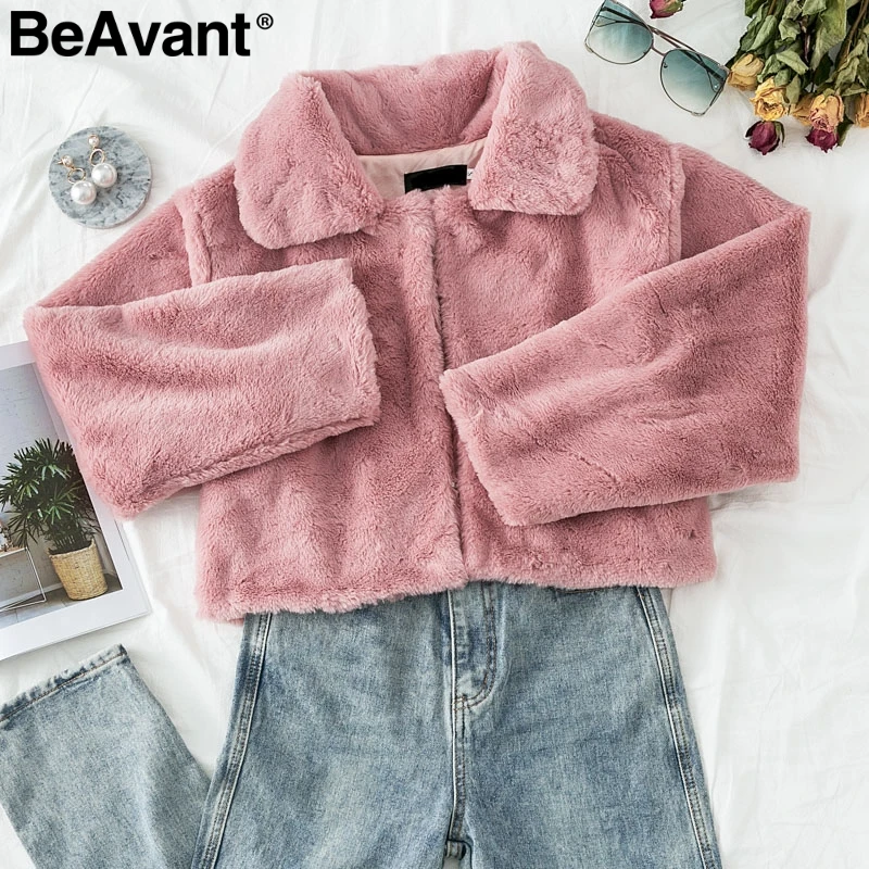 

BeAvant Casual long sleeve teddy warm overcoats women 2019 Autumn winter female fake fur coats Ladies loose solid soft outwear