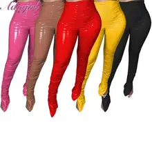 

Women Pu Leather Pants Casual Soild High Waist Fleece Split Bell Bottom Fleece Stacked Pants Winter Leggings Outfit Trousers