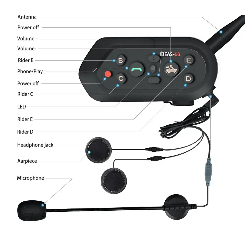 2 комплекта ejeas гарнитура BT шлем домофон Bluetooth Интерком Multifunctio E6 мотоциклетный домофон VOX для 6 всадников 1200 м коммуника