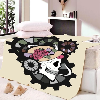 

Custom DIY Print Throw Blanket Black Skull Head And Cat Throw Blanket Soft Warm Microfiber Fleece Blanket