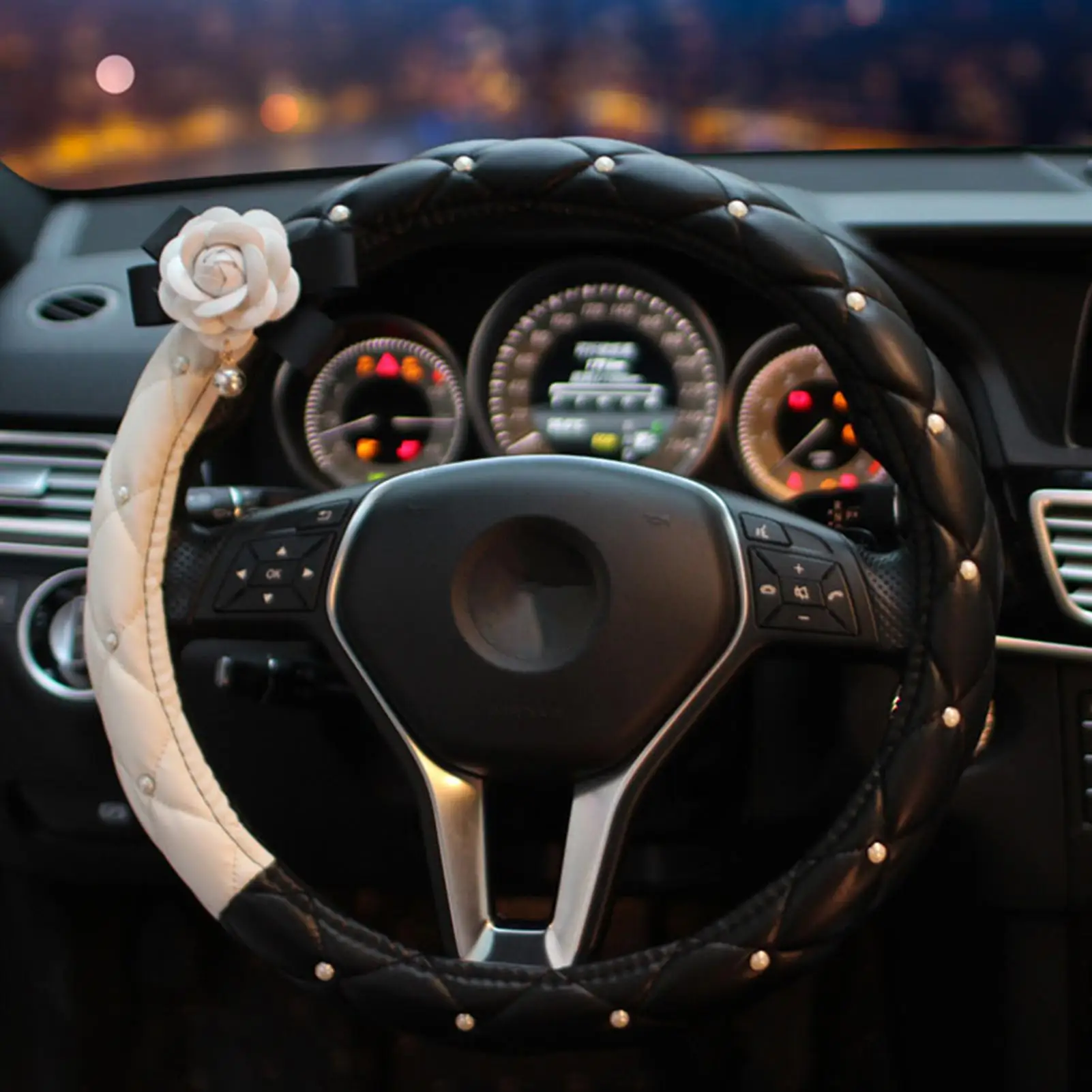 

Искусственная кожа, Белый цветок камелии, украшение для салона автомобиля, чехлы на руль, украшение для интерьера автомобиля, всесезонный подарок для женщины