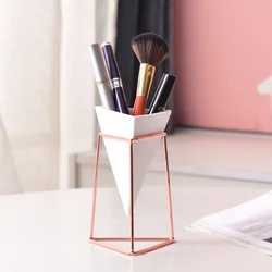 Nordic Ceramic Succulents Pot with Iron Holder Creative Flower Pot Office Desktop Pen Holder Makeup Storage Shelf Home Decor