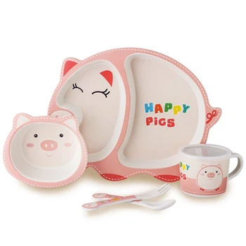 

HOT 5-Piece Baby Cutlery Set Bamboo Fiber Cute Cartoon Children Feeding Tableware