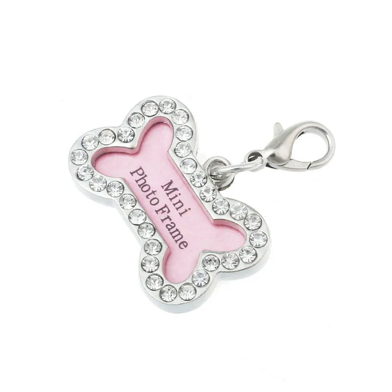

2019 New Pet Puppy Identity Tag Rhinestone Bone Cat Doggy Pendant Tags Pearl Jewelry Style Mini Photo Frame Tag Alloy #B5