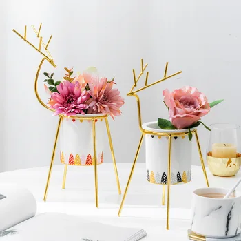 

Creative Simulation Plant Flower Pot Deer Shaped Iron Display Rack with Ceramic Vase Succulent Plant Pot Home Decor