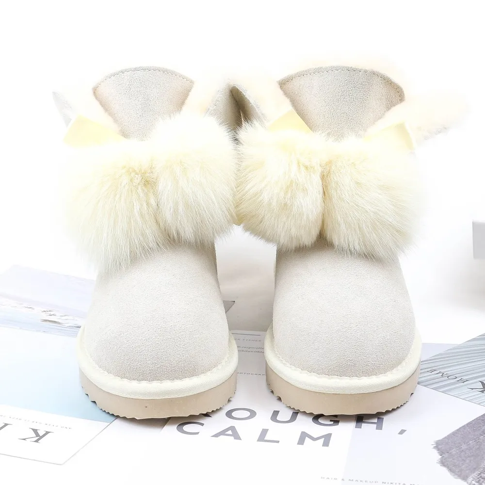 

New Winter Boots Women Genuine Wool Snow Boots Shoes Sheep Fur Real Fox Ball Suede Leather Women's Boots Flat Mid-calf Size 42