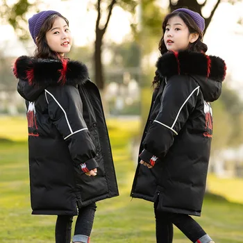 

Girls down jacket long new real fur 2019 winter jackets girl white duck down coats children children's outerwear coat of van