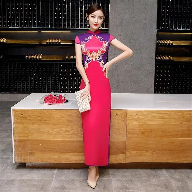 Королевский синий китайский женский современный Qipao платье Мандарин воротник сексуальный Cheongsam с цветочным принтом с коротким рукавом деловая Платья для вечеринок - Цвет: Hot Pink