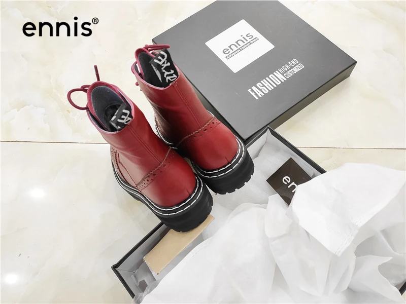 ENNIS Brand Ankle Martin Boots Women Brogue Shoes Lace Up Genuine Leather Platform Boots Fashion Autumn Winter Boots A9365