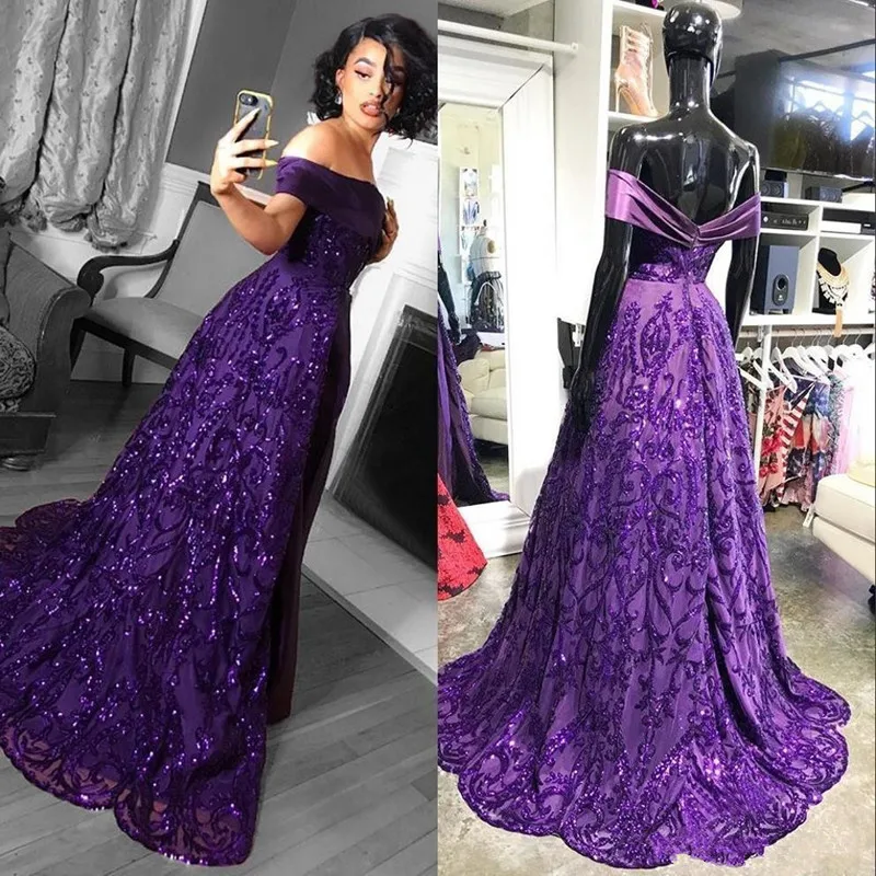 

Grape Lace Sequins Prom Dresses 2020 With Overskirts Plus Size Long Sleeve High Neck Sequined Prom Evening Dress vestidos de fie