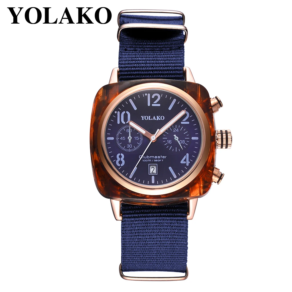 Мужские квадратные спортивные часы Роскошный холст ремешок мужские часы с кварцевые часы с календарем Relogio Masculino YOLAKO бренд