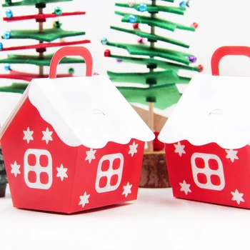 

50pcs Christmas CandyBox Xmas House Shape Gift Box DIY White Red Cookie Packaging Party Decoration Merry Christmas Home Supplies
