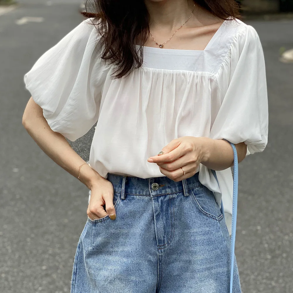 Women 2020 Summer Retro Casual Slim Thin Girl Square Collar Tops Female Solid Lantern Sleeve French Loose Blouse
