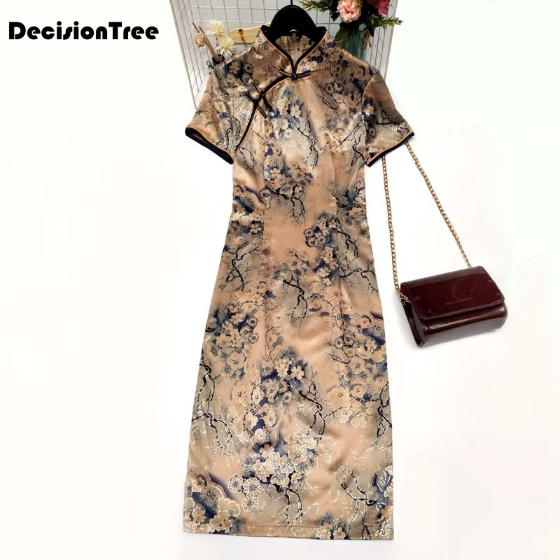 Черное Красное китайское традиционное платье женское шелковое атласное cheongsam qipao с коротким рукавом длинное платье цветок