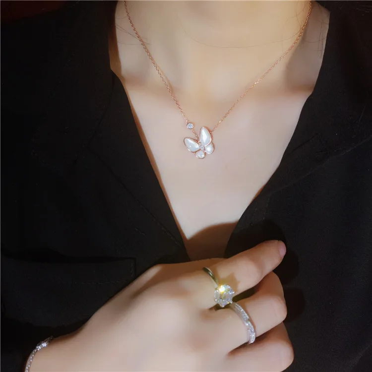 2 Colors High Quality Women Jewelry Natural Shell With Zircon Butterfly Pendant Real 925 Sterling Silver Necklace