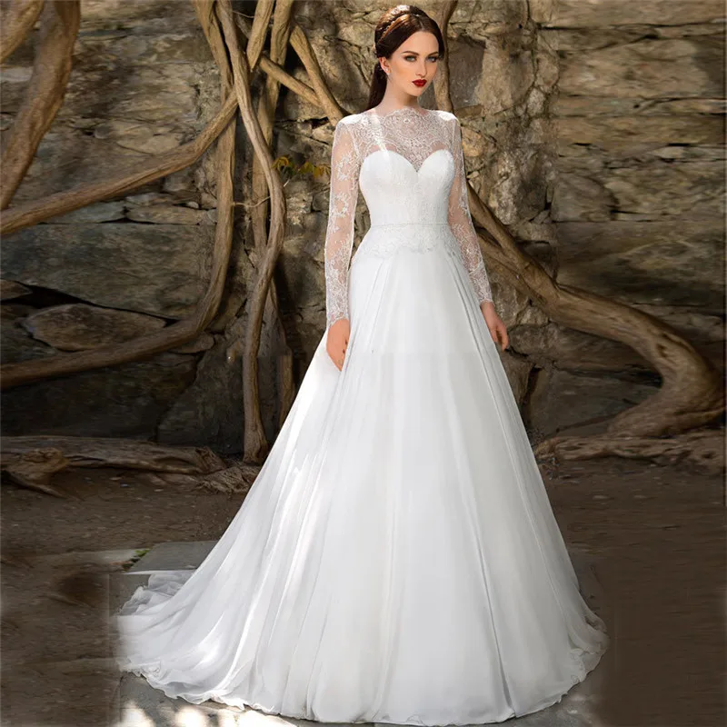 

Modest Lace Long Sleeves A-Line Wedding Dresses Zipper Back Bridal Gowns Natural Waistline Vestidos De Mariee Spring Formal Robe