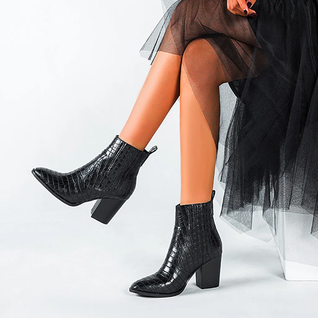 

Women Boots Ladies Square-Heeled Pointed Slip-On High Heels Fashion Large Size Short Boots Female Casual Shoes M840#