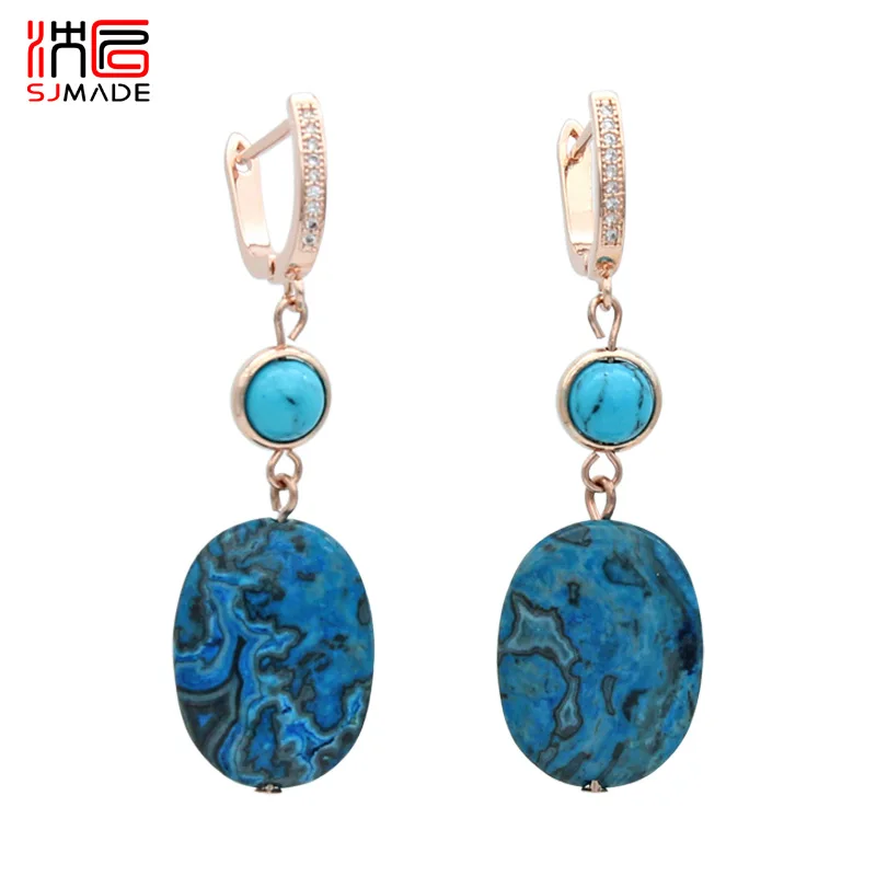 

SJMADE New Fine Fashion Oval Blue Natural Stone Dangle Earrings 585 Rose Gold For Women Party Jewelry Temperament Korean Eardrop