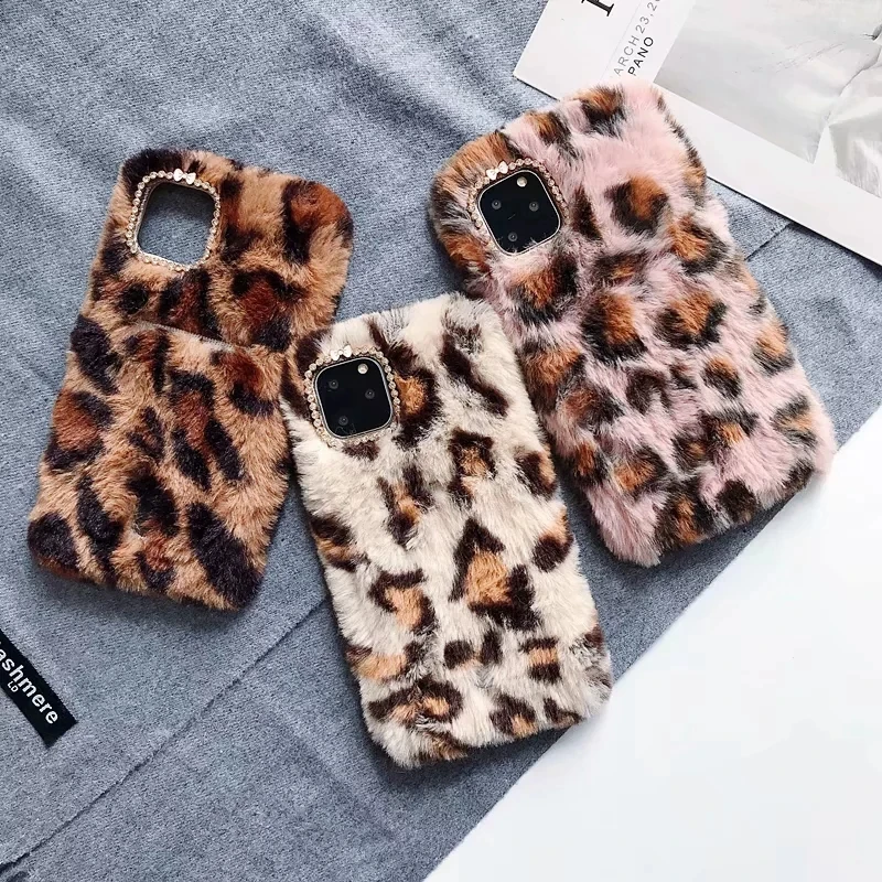 Étui en fourrure de lapin, motif léopard, pour iPhone 11 Pro, Max, XR ...