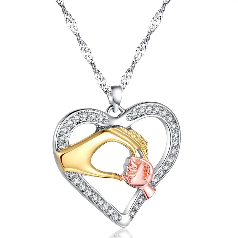 

Silver Color Hanging Heart Water-wave Chain Pendant Necklace Cubic Zirconia Mother's Day Handshake Necklace