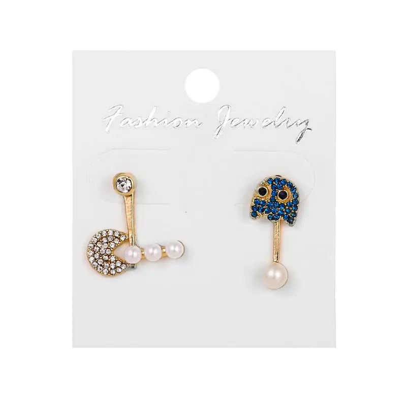 

Game Pac-Man Stud Earrings Fashion Mini Golden Color Blue Crystal Ghost Pearl Beads Studs Earring Jewelry Gifts for Woman Girl