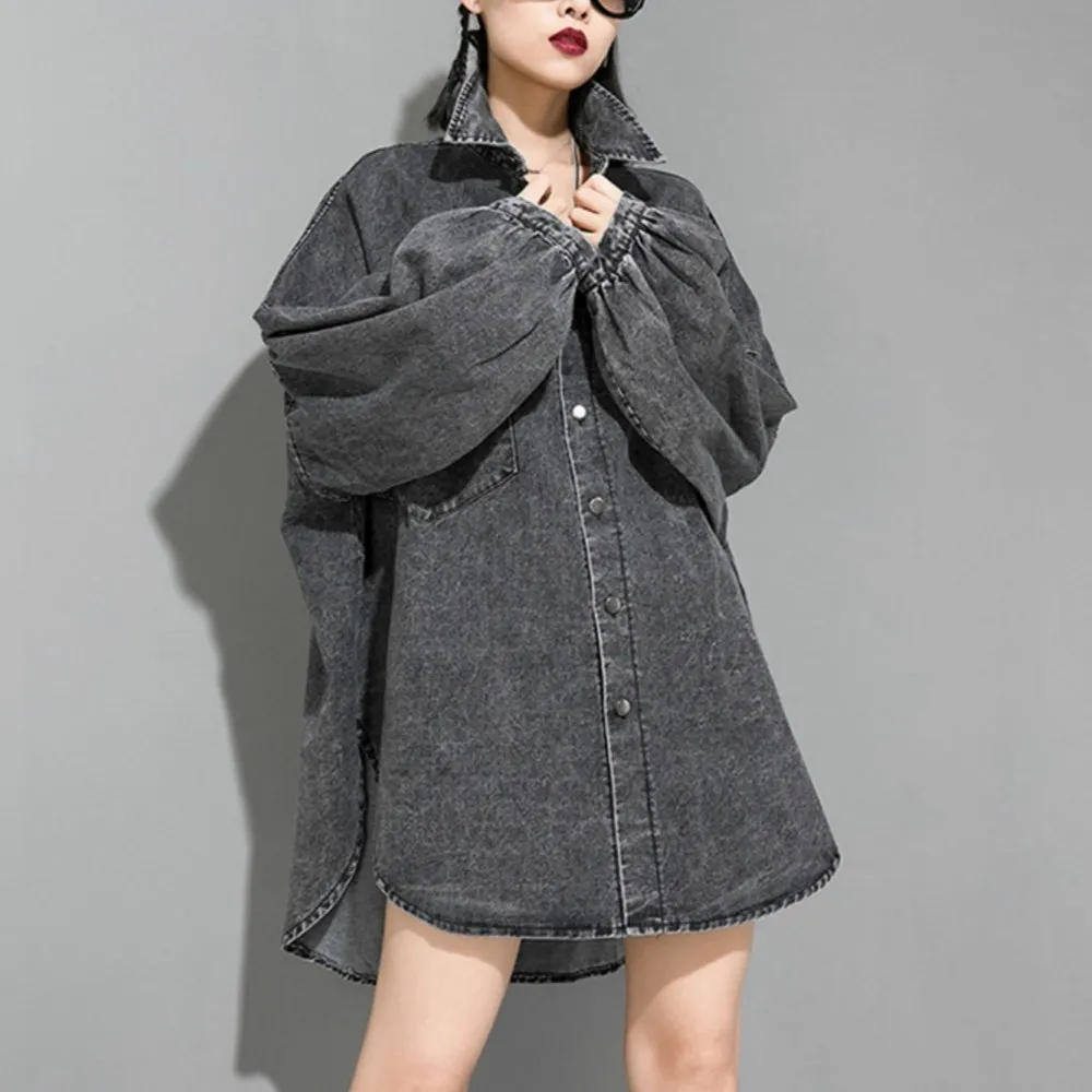 

Women Fall Button Patchwork Denim Jacket Long Sleeve Turn-Down Collar Casual Jackets Pockets Long Asymmetric Coats