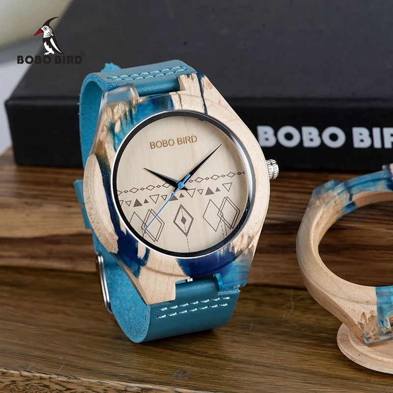 

BOBO BIRD Design Resin And Wooden Wristwatch Blue Soft Leather Men Watch Relogio Masculino Relogio Masculino Wood Watch