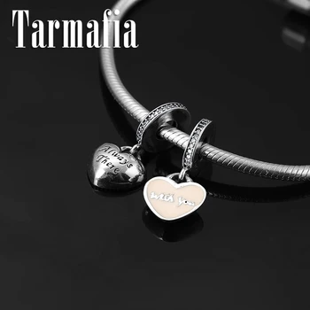 

100% 925 Sterling Silver pink enamel letter double heart fine Pendant Beads Fit Original European Charm Bracelet DIY Jewelry