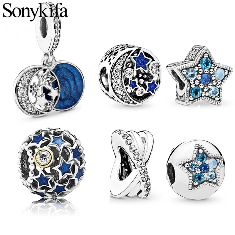 

Sonykifa 2Pcs/lot Classic Blue Star Moon Charm Bead Pendant Fit Original Pandora Gift Bracelet Jewelry