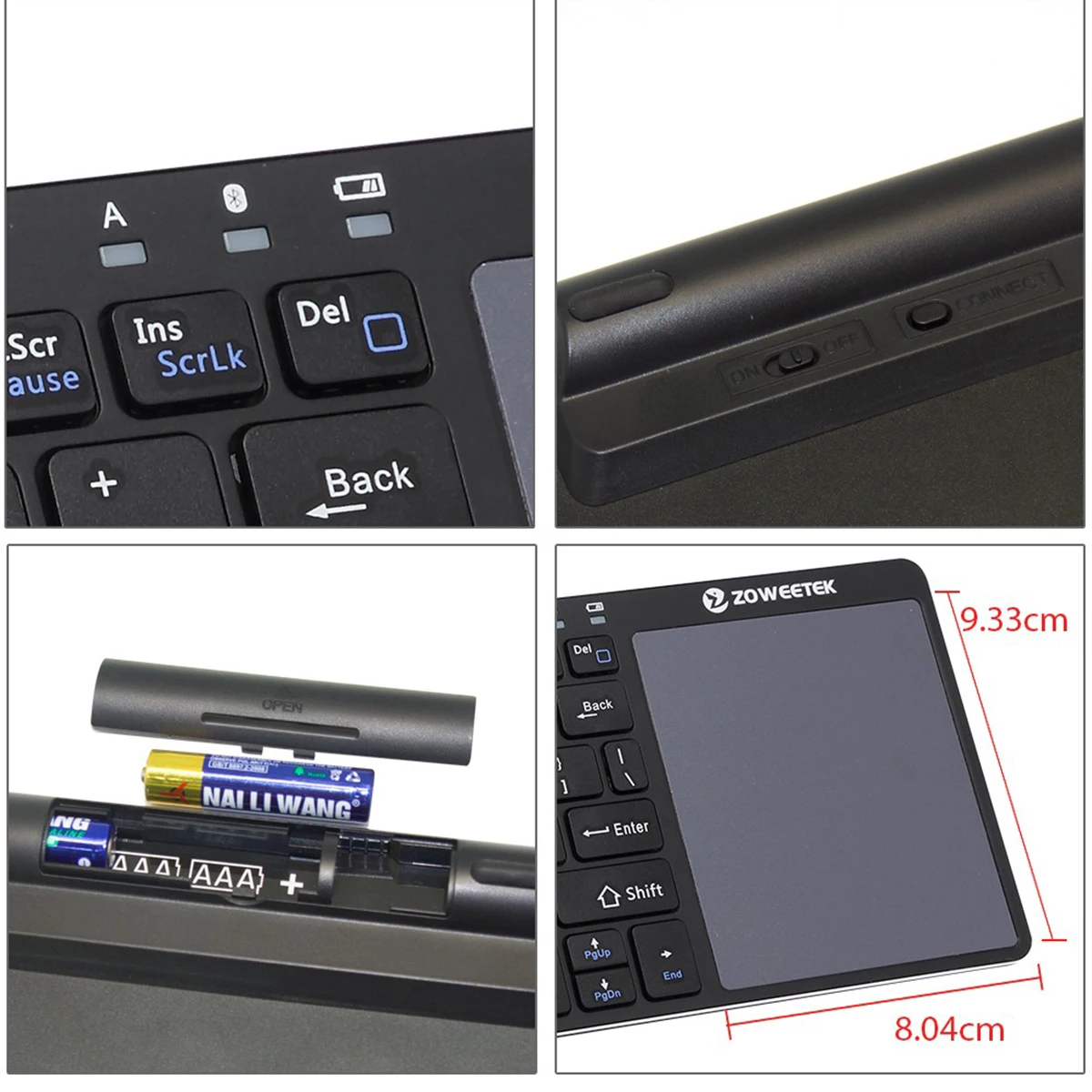 Zowintek-teclado K12BT-1 utra-fino sem fio, pequeno, espanhol,