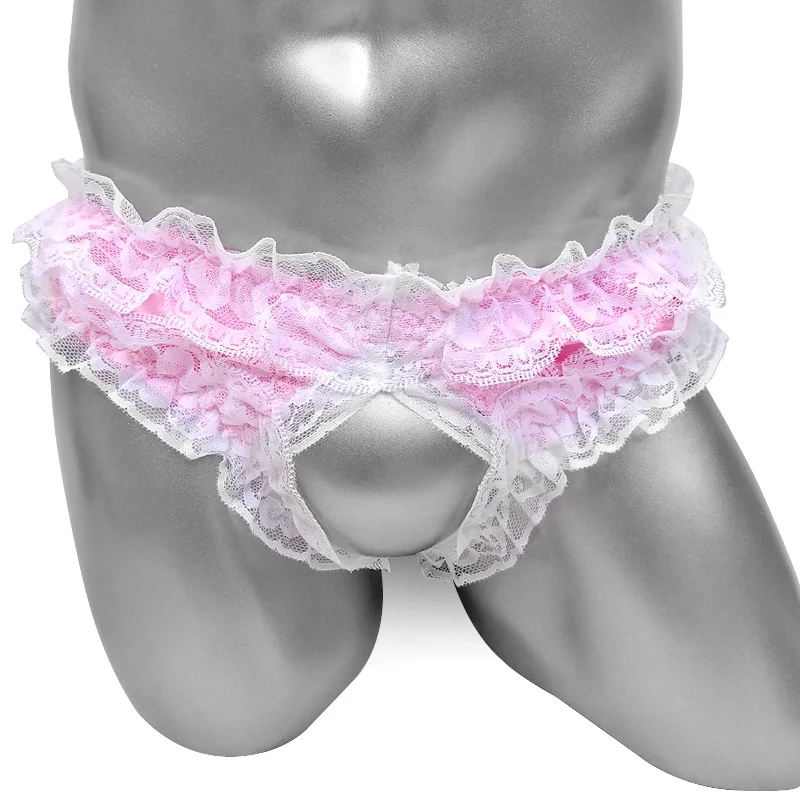 Frilly Lace Sissy Satin Panties Crotchless For Mens Briefs Underwear Funny Fashion Shiny Sexy Lingerie Crossdressing Panities