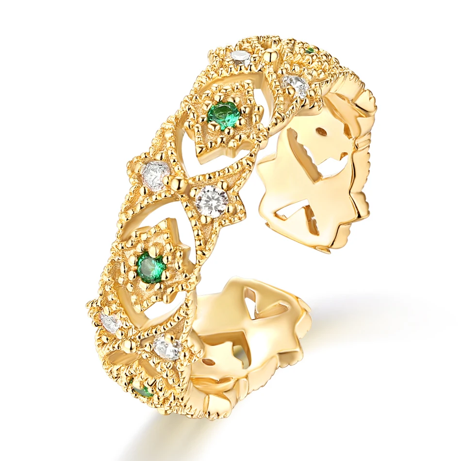 ALLNOEL 925 Sterling Silver Ring Vintage Emerald White Zircon Real Gold-plated Openwork Vingtage Design Wedding Engagement Ring