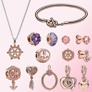 

2020 Autumn 925 Silver Rose Purple Flower Helm & Anchor Charm Clip Heart Pendant Snake Chain Bracelet Necklace Pink Earrings