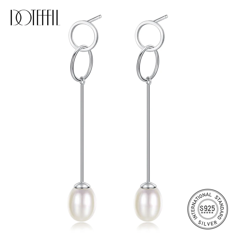 DOTEFFIL Drop Earrings Long Genuine Natural Freshwater Pearl 100% 925 Silver Double Ring Jewelry Women Hot Sale | Украшения и